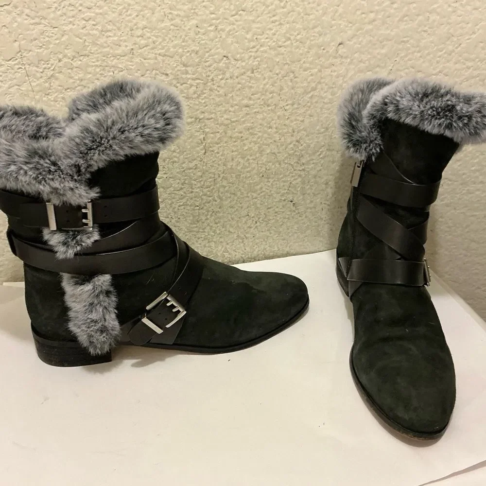 Charles David Schmidt Motorcycle Bootie Fur-Trimmed Boots size 10